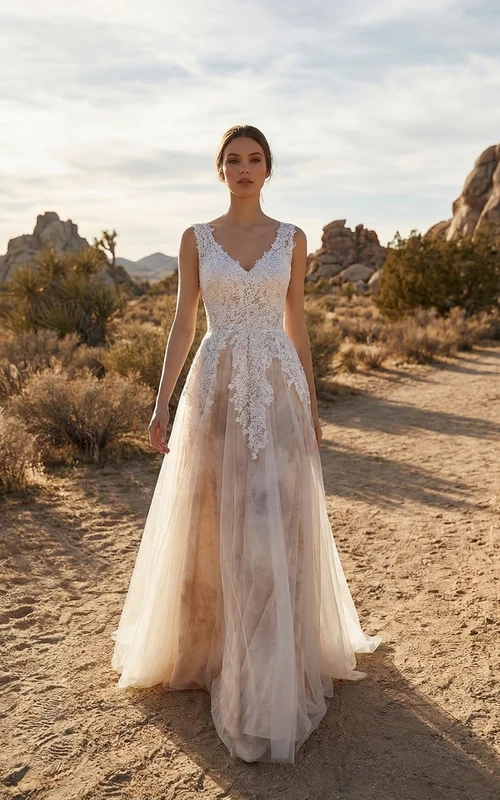 Robe de mariée fluide en tulle champagne, coupe trapèze
