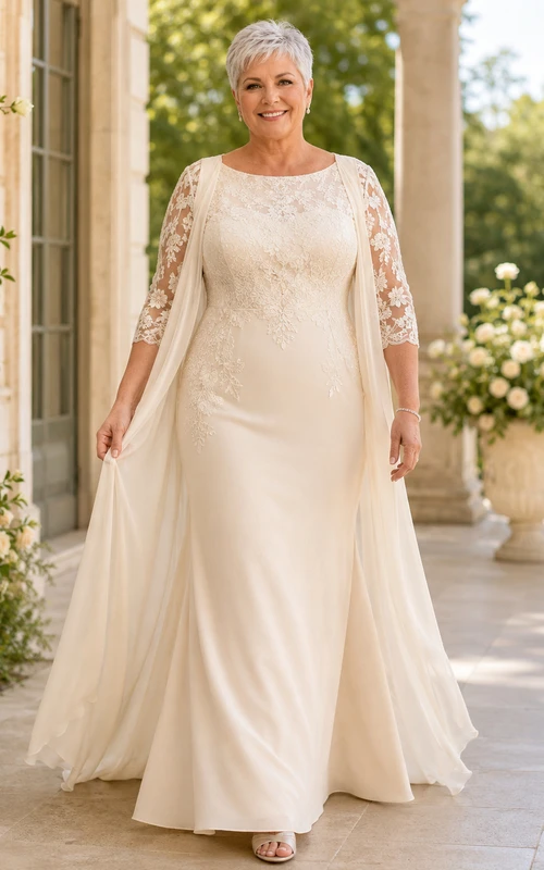 Robe de mariée fourreau en mousseline, manches trois-quarts en dentelle, coupe bateau, pour femmes mûres et grandes tailles.