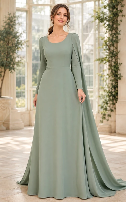 Vestido de novia sencillo de corte A con escote redondo y mangas largas