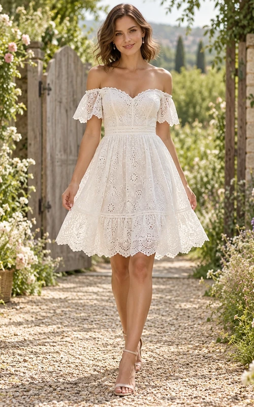 Boho Short Off Shoulder Sweetheart Scalloped Lace Wedding Dress