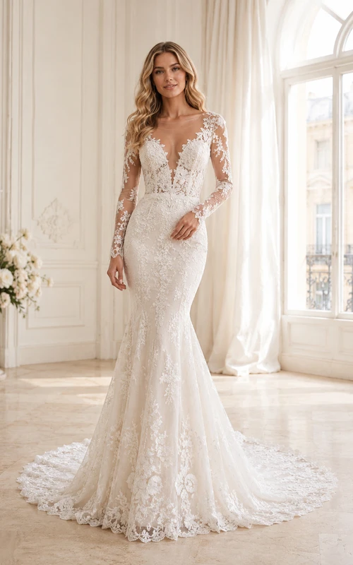 Robe de mariée sirène de luxe en dentelle florale à col en V et manches longues, avec traîne cathédrale et col cathédrale