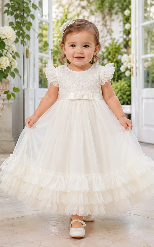 Robe de baptême bébé en tulle à ourlet volanté, coupe trapèze, manches bouffantes, longueur thé