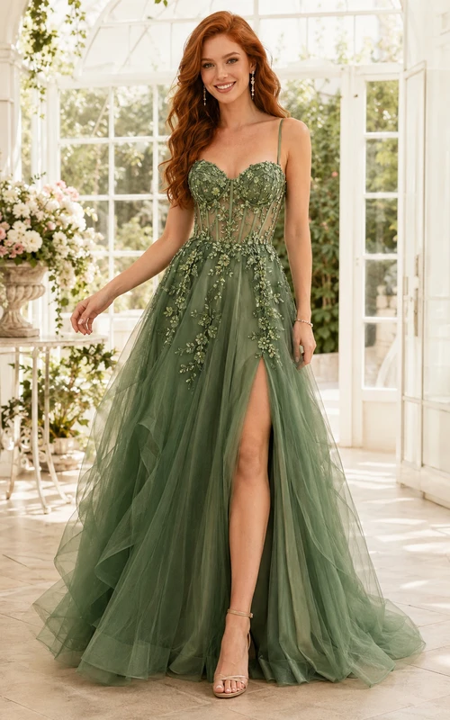 Robe de bal trapèze en tulle sauge avec applications florales et fente, idéale pour les soirées de bal et les réceptions formelles.