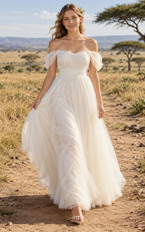Vestido de novia sencillo de tul con escote corazón fruncido y hombros descubiertos.