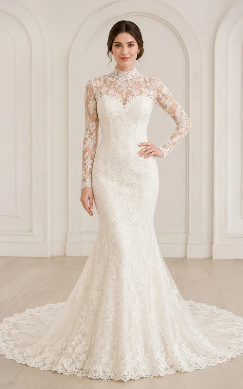 Vestido de novia de estilo sirena modesto, manga larga, cuello alto, encaje floral, estilo catedral.