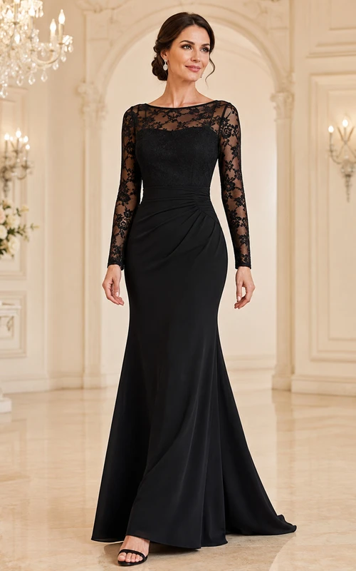 Black Bateau Illusion-Lace Long-Sleeve Modest Mermaid Sweep Formal Gown Court