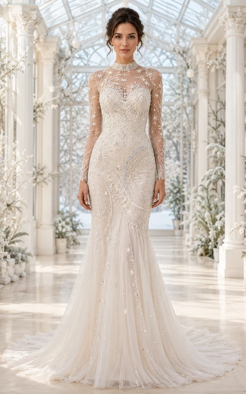 Himmlisches elfenbeinfarbenes, perlenbesetztes Spitzen-Meerjungfrauen-Abendkleid, ärmellos