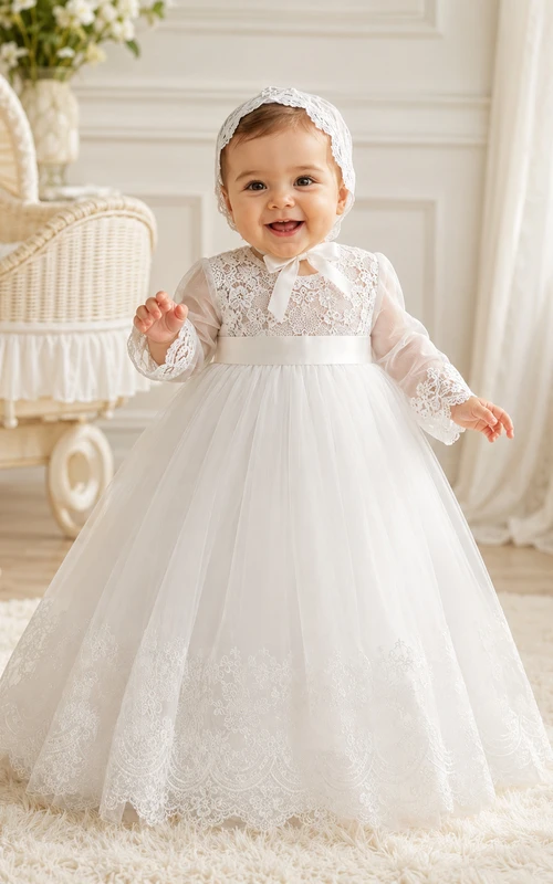Vestido clásico para ceremonia de bautizo de bebé, corte en A, largo hasta el suelo, cuello joya, manga larga, tul, encaje, lazo en la espalda, botones en la espalda.