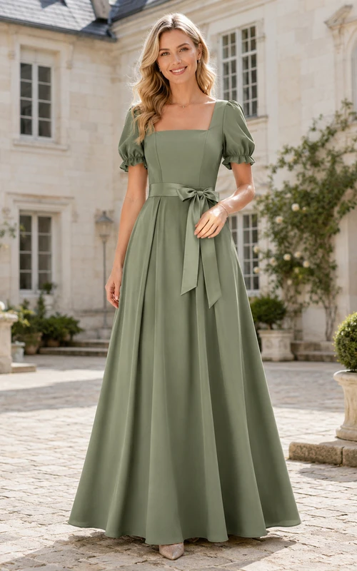 Elegant Sage Satin Formal A Line Floor Length Square Neck Puff Sleeve Gown