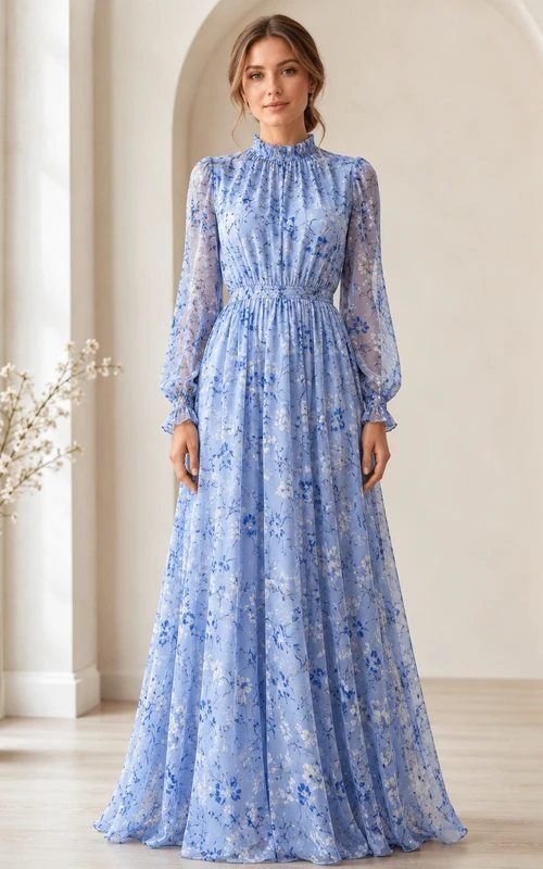 Blue Floral Chiffon High Neck Long Sleeve Floor-Length A-Line Dress