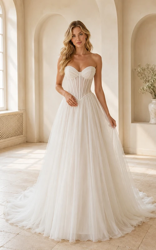 Robe de mariée en tulle, coupe trapèze, bustier cœur, traîne