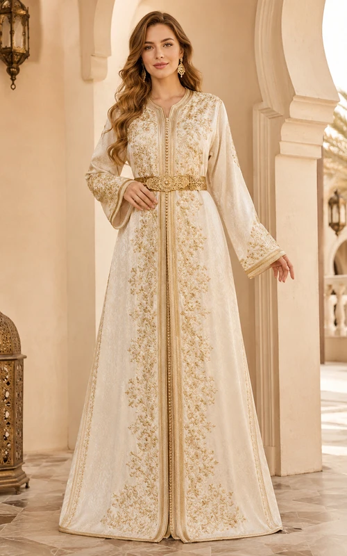 Elfenbeinfarbenes und goldfarbenes Takchita-Kleid in A-Linie, bodenlang, mit Juwelenstickerei und langen Glockenärmeln