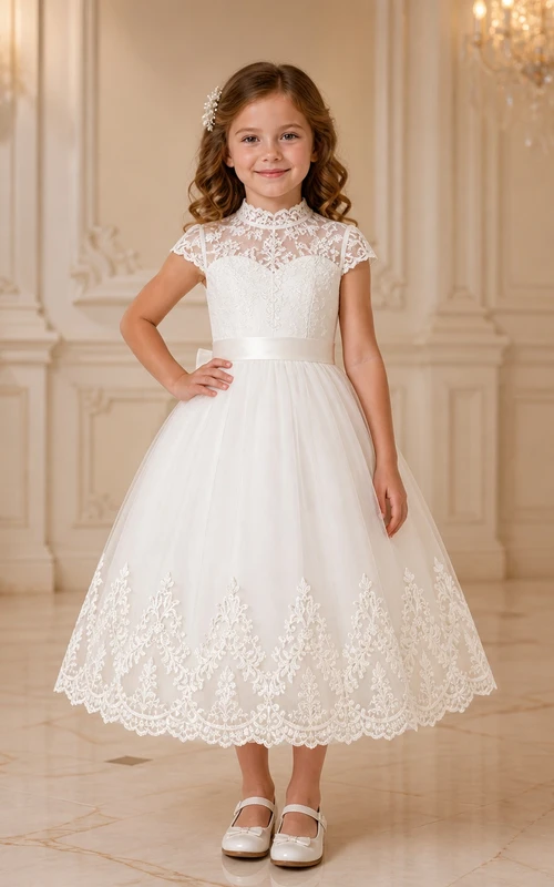 White Tea-length A-Line High Neck Cap Sleeve Tulle Flowergirl Dress