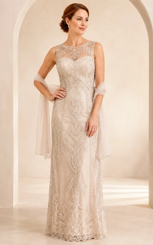 Ivory Lace Jewel Neck Sleeveless Sheath Floor-Length Formal Evening Gown