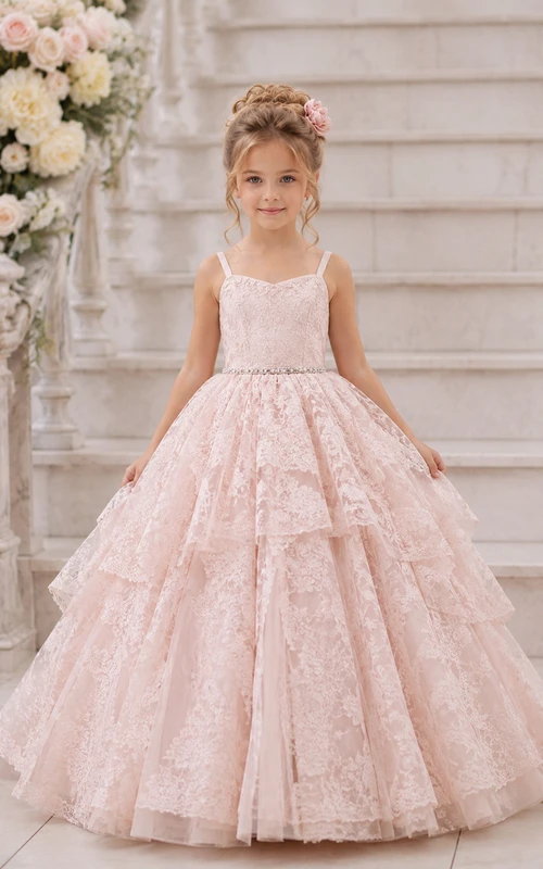 Blushing Pink Ball Gown Lace Flower Girl Dress with Ruffles