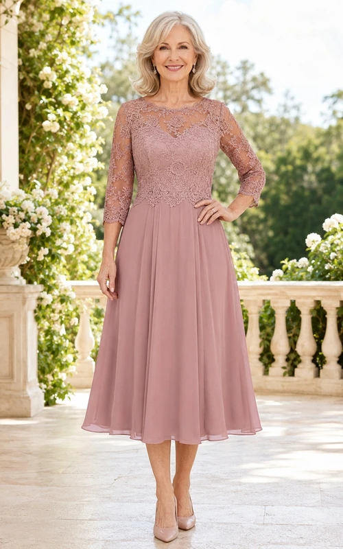 Altrosafarbenes Chiffon-Kleid mit Dreiviertelärmeln, Rundhalsausschnitt und A-Linien-Schnitt aus Spitze