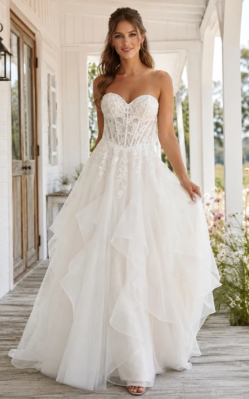 Robe de mariée longue trapèze en organza superposé, bustier cœur, style champêtre, bustier bustier, corset, à encolure en A.