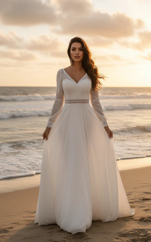 Vestido de novia bohemio de manga larga con escote en V y encaje para bodas en la playa.