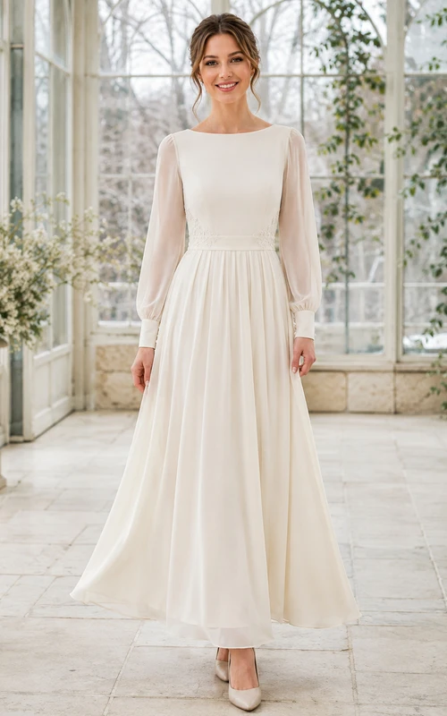 Modest Civil Chiffon A Line Bateau Long Poet Sleeve Ankle Wedding Dress