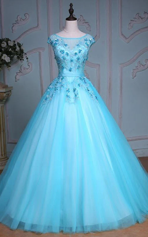 Ballkleid in Teelänge, Glockenform, Fledermaus-Schnitt, Perlenapplikationen, Schleppe, Korsettrücken, Tüll, Spitze, Pailletten