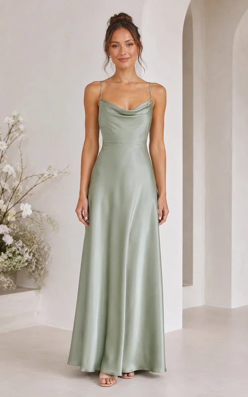 Salbeigrünes Brautjungfernkleid aus Satin mit Wasserfallausschnitt und A-Linien-Schnitt