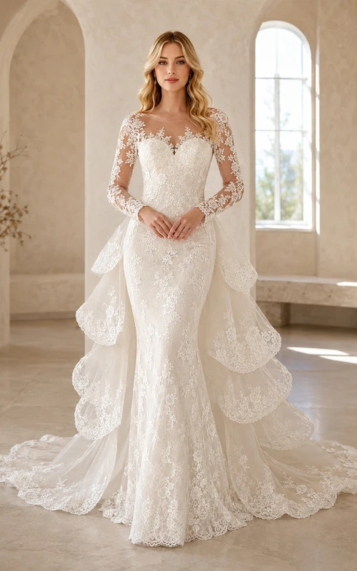Festliches Brautkleid mit langen Ärmeln, A-Linie, Spitze, Rüschen und Schleppe