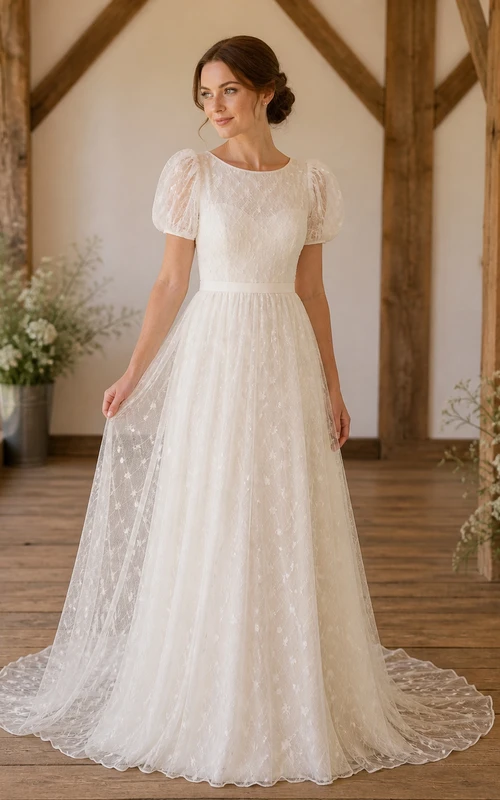 Vestido de novia sencillo de corte A con escote joya y mangas cortas, estampado de lunares y efecto ilusión.