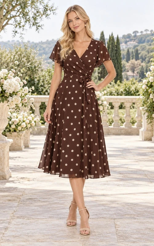 Chocolate Polka Dot V Neck Short Sleeve Chiffon Tea Length A Line Guest Dress