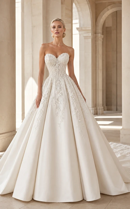 Robe de bal bustier en satin et dentelle, décolleté cœur, traîne cathédrale, idéale pour un mariage à destination