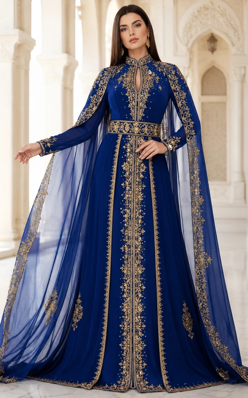 Schlichtes, königsblaues Ballkleid mit hohem Kragen, langen Ärmeln und goldbesticktem Cape in Bodenlänge