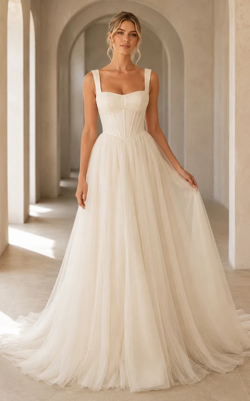 Robe de mariée champagne à col carré sans manches corset en tulle trapèze