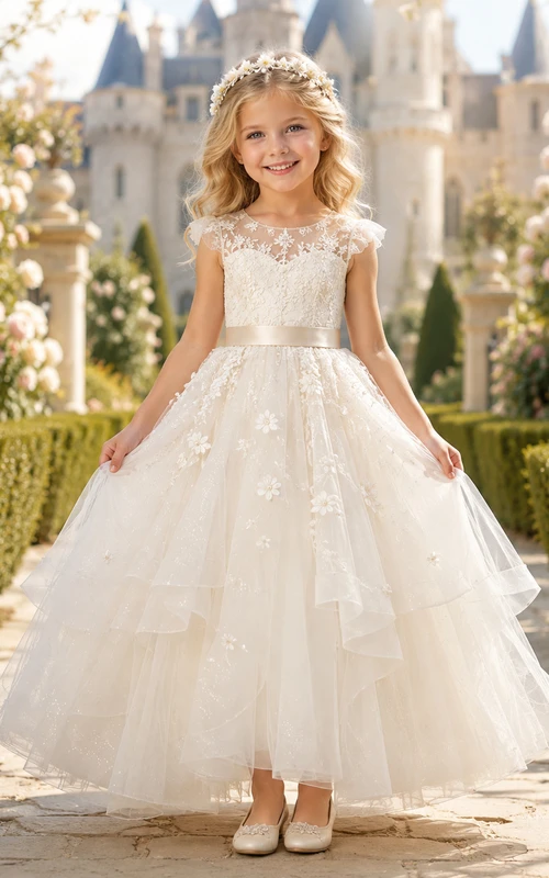 Vestido blanco romántico de tul con corte en A para niña de las flores, mangas cortas, cuello festoneado y largo hasta el suelo con apliques de encaje.