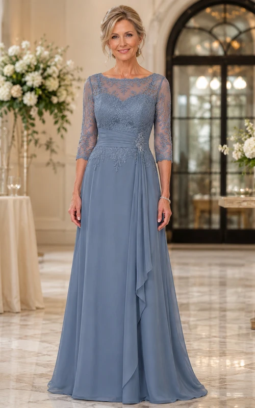 Vestido de gasa de corte A con escote barco y mangas tres cuartos, con encaje.