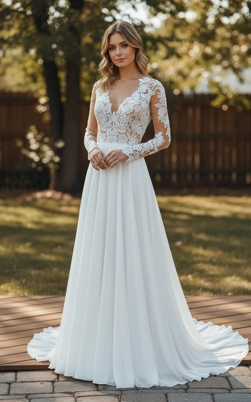 Vestido de novia de encaje con escote en V atemporal
