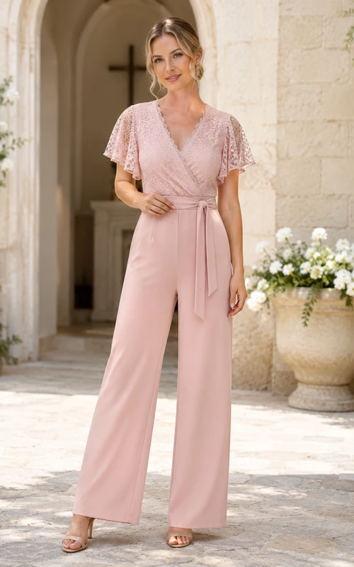 Mono corto rosa perla con cuello en V, encaje, mangas cortas con volantes, cinturón y pernera ancha para ocasiones especiales.