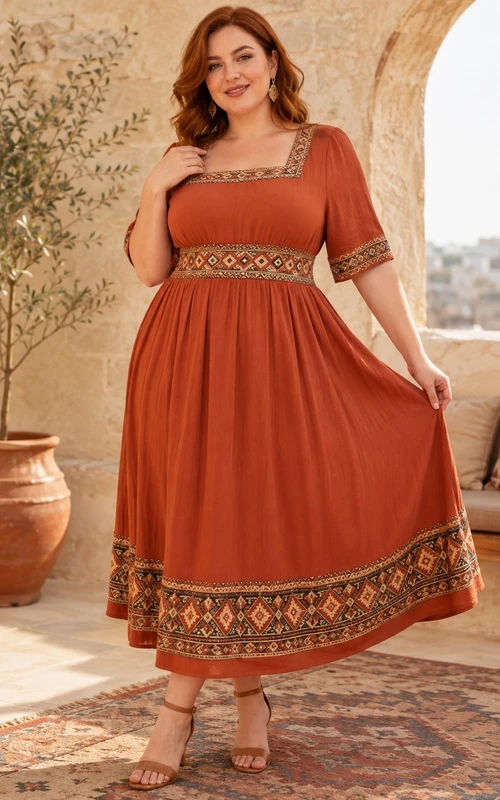 Boho Rust Square Neck Short Sleeve Tea-length A-line Chiffon Dress