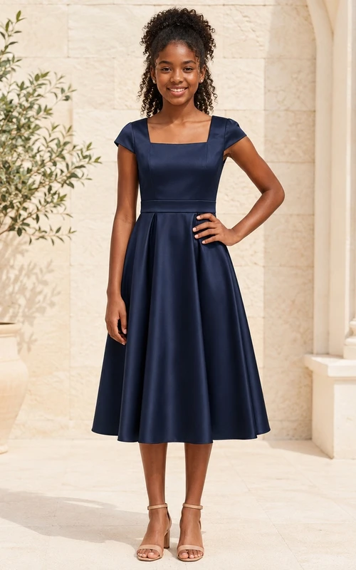 Dunkelblaues Brautjungfernkleid für junge Damen, A-Linie, eckig, kurze Flügelärmel, Teelänge, schlicht, aus Satin