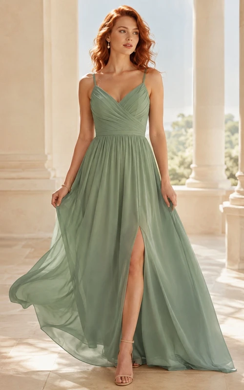 Spaghetti Sage A-Line Chiffon Split Front Bridesmaid Evening Dress