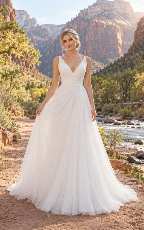 Vestido de novia sencillo de corte A, largo hasta el suelo, con escote en V, sin mangas y cintura alta, de tul plisado.