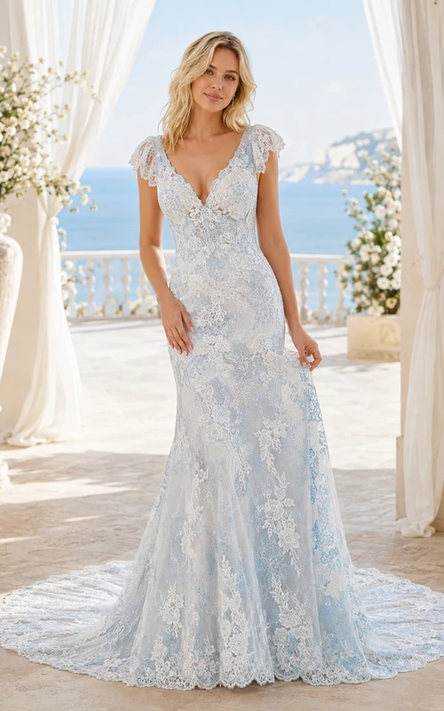 Sky Blue Fitted Sheath V-Neck Cap Sleeve Lace Romantic Wedding Gown