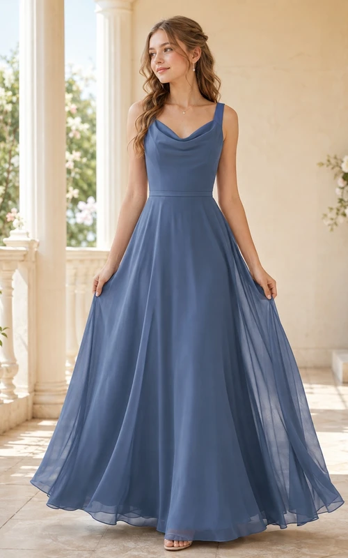 Vestido de dama de honor juvenil azul acero, corte en A, escote drapeado, sin mangas