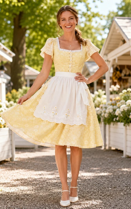 Narzissenfest Dirndl A-Linien-Kleid, knielang, eckig, kurze Ärmel, Schürzenkleid