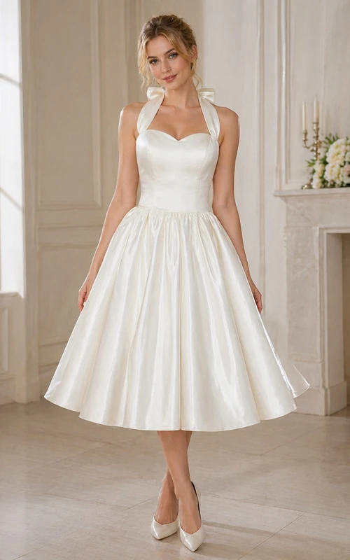 Vestido de novia de satén de largo midi con escote halter, lazo y espalda con cordones.