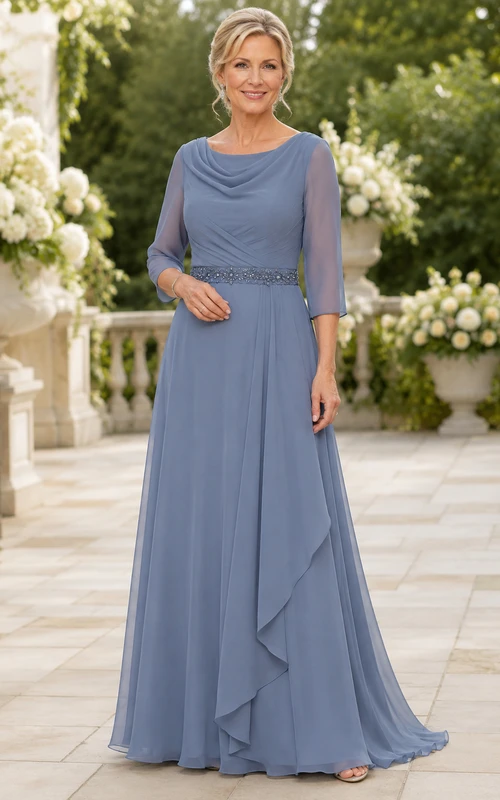MOB-Kleid aus stahlblauem Chiffon in A-Linie mit 3/4-Ärmeln, Wasserfallausschnitt und bodenlangem Rüschenbesatz