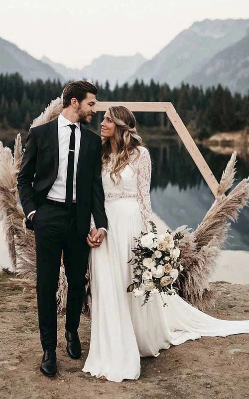 Zweiteiliges Chiffon-Hochzeitskleid mit langen Ärmeln und Rundhalsausschnitt aus Spitze