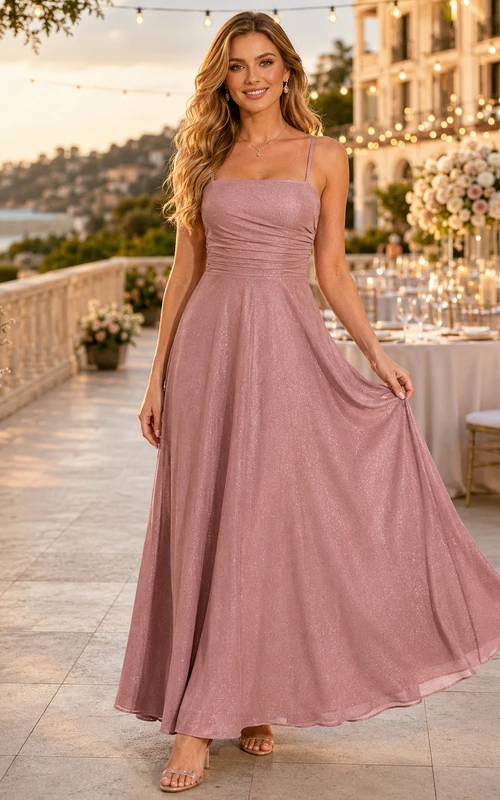 Mauve spaghetti strap softly pleated chiffon floor bridesmaid dress