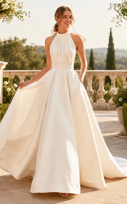 Robe de mariée élégante en satin, dos nu, coupe trapèze, nœud dans le dos et traîne chapelle