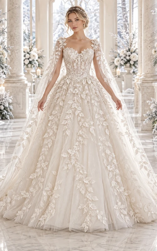 Vestido de novia de gala con capa de tul y encaje denso de hojas, estilo "Winter Sweetheart"