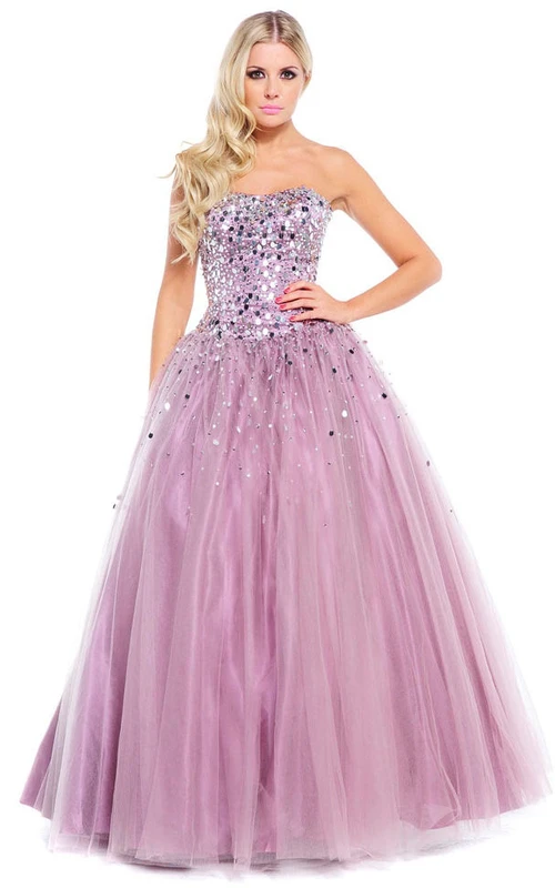 Ballkleid, trägerlos, paillettenbesetzt, aus Tüll, mit Perlenstickerei und Schleife