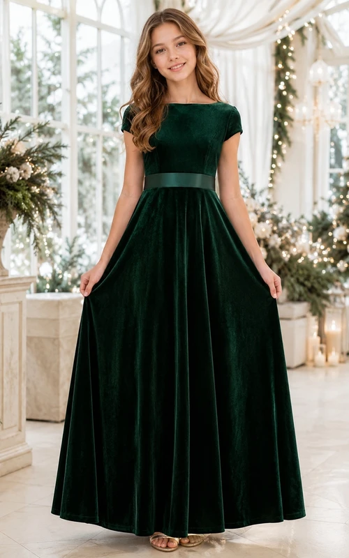 Dunkelgrünes Brautjungfernkleid für junge Mädchen, A-Linie, eckig, kurze Ärmel, Samt, Luxus